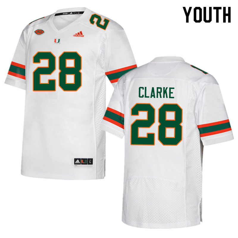 Youth #28 Marcus Clarke Miami Hurricanes College Football Jerseys Sale-White - Click Image to Close